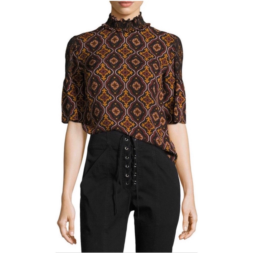 A.L.C.Miranda Printed Smocked-Collar Short-Sleeve Silk Top
